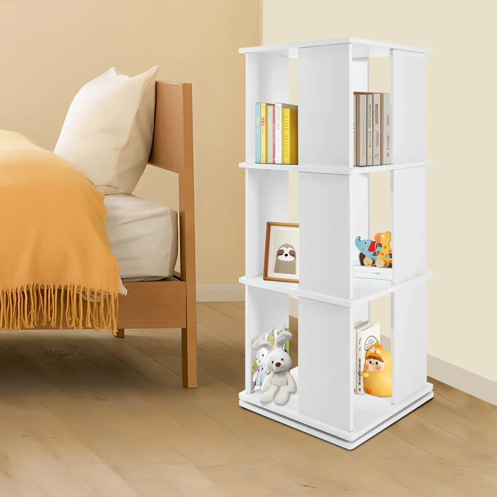 

Durable 3 Tiers 360° Rotating Bookshelf Display Free Standing Wood Bookcase Storage Rack