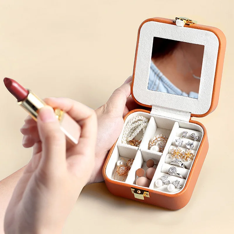 

Мини-органайзер для украшений из искусственной кожи премиум-класса со встроенным зеркалом для колье, колец и серег, портативный футляр для хранения ювелирных изделий