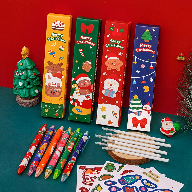 1Set alat tulis Natal rusa, Set alat tulis kartun Santa Claus, manusia salju, rusa besar, alat gambar kreatif, hadiah alat tulis siswa