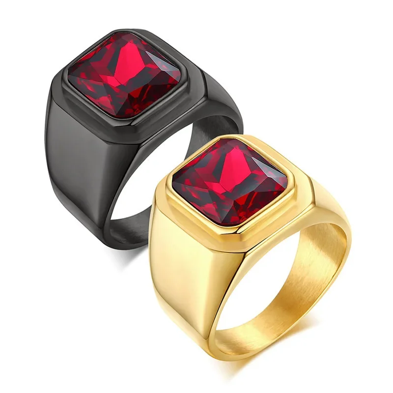 Black/Gold Plated Stainless Steel Men\'s Ring Square Red Zircon Stone Classic Signet Rings
