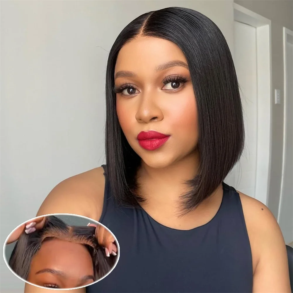 Straight Bob 4x4 Lace Closure Wigs Human Hair Wear and Go For Women Pre Cut Brazilian Hair Straight Bob Wig Glueless Easy To Wear Natural Color