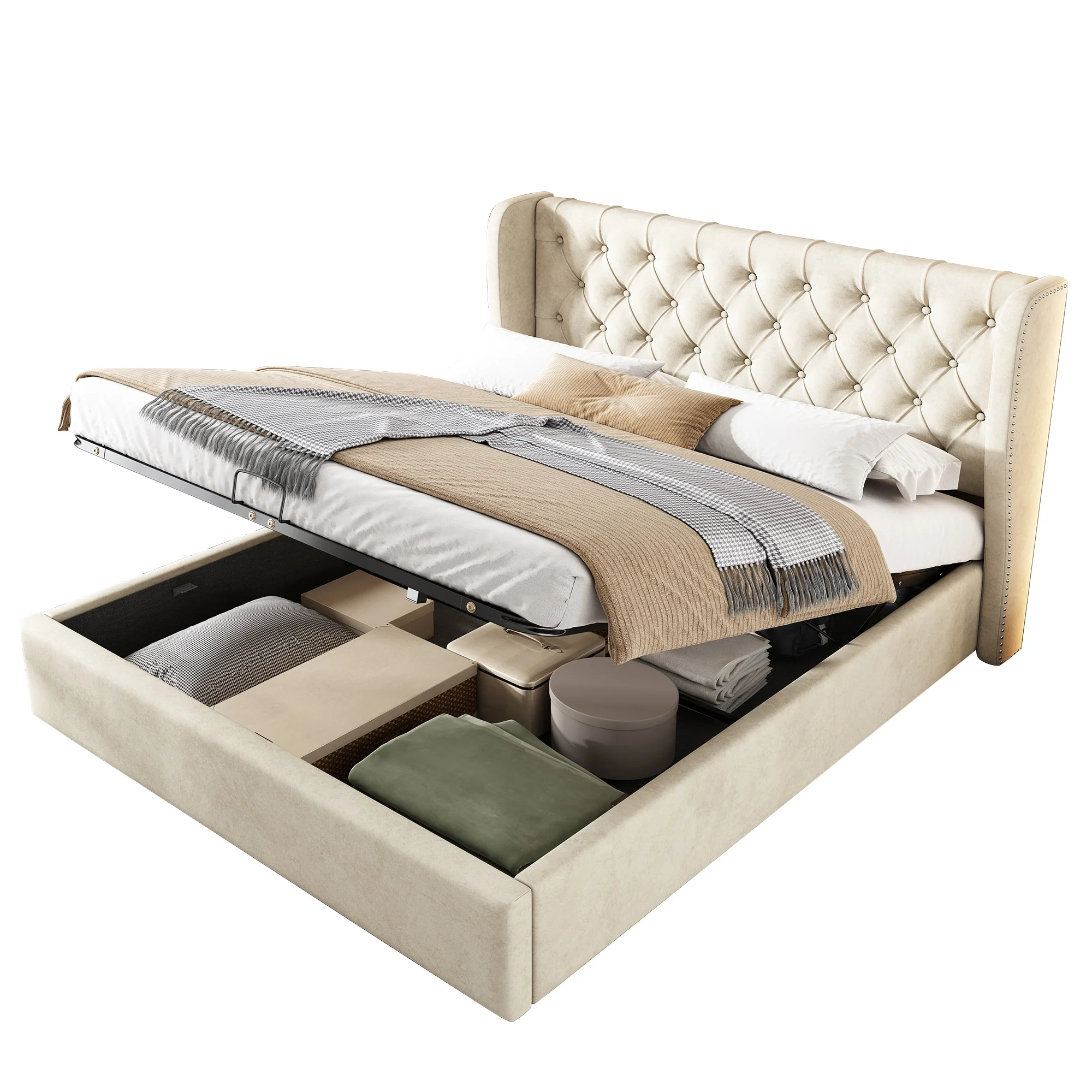 Lit coffre double 180x200 cm avec sommier à lattes et coffre hydraulique, velours beige, sans matelas