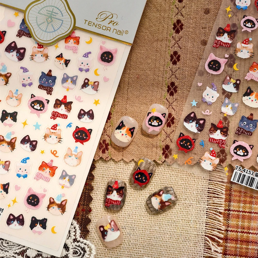 귀여운 고양이 파티 달 별 만화 3D 셀프 접착 네일 아트 스티커 사랑스러운 모자 스카프 나비 매듭 새끼 고양이 매니큐어 데칼 도매