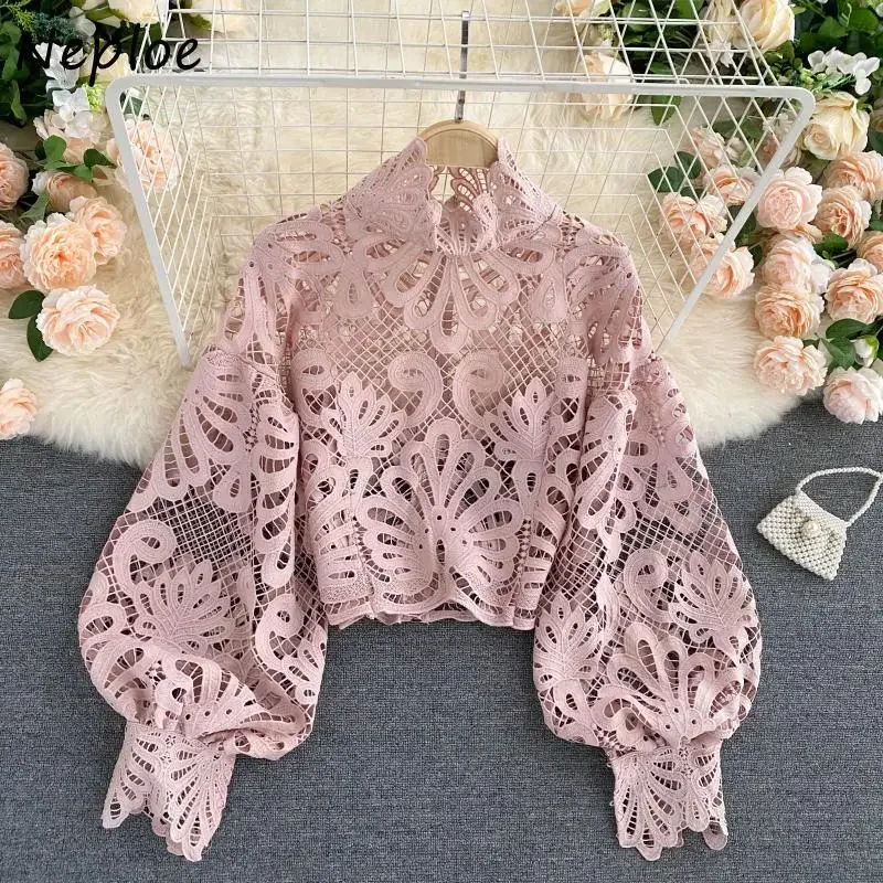 Neploe Fashion Chic Lantern Long Sleeve Blouses 2024 Fresh Sweet Zip Short Blusas Sexy Lace Hollow Out Stand Collar Women Shirt