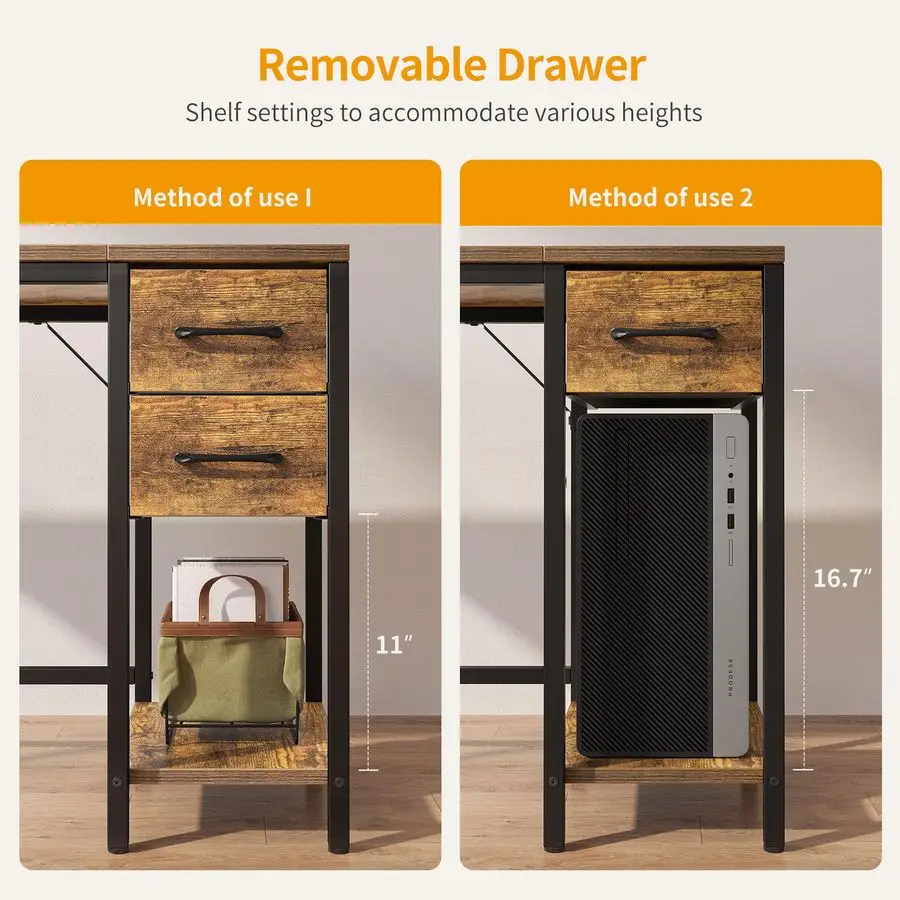 Computer Desk with 2 Drawers, 40 Inch Small Home Office Desk Study Writing Table, Rustic Brown