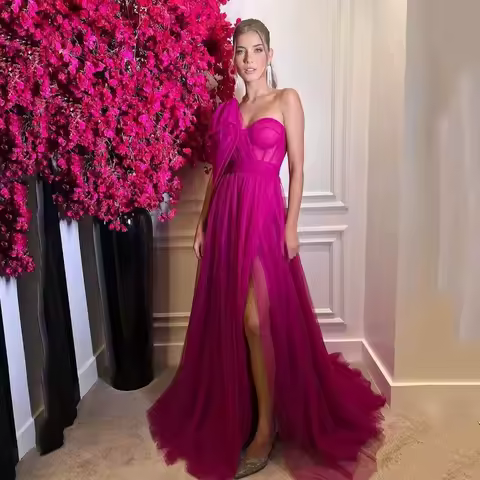 Prom Dress A Line Tulle Fuschia One Shoulder Bones Slit Floor Length Women Evening Dress Long Formal Occasion Dress Customized