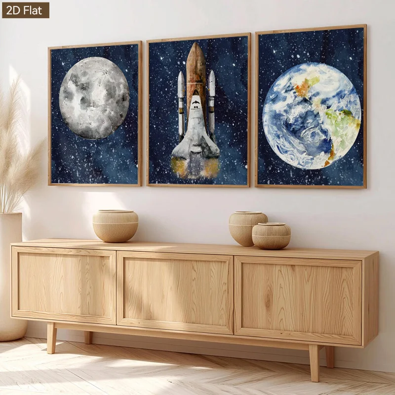 （No Frame 3PCS）-2D Flat, 3pcs 2D/Flat Vertical Vintage Space Shuttle Launch Wall Art Suitable for Space Enthusiasts, Watercol