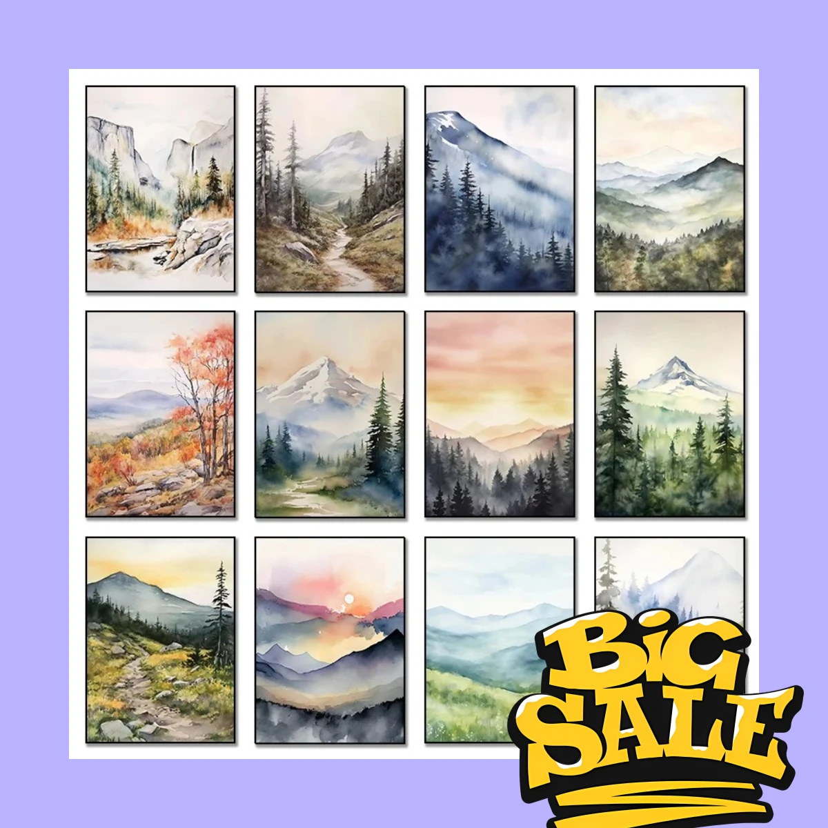 Impressionist Peaks – Watercolor Mountains Clouds Forests Fields Frameless Canvas for Home Wall Decor 2026