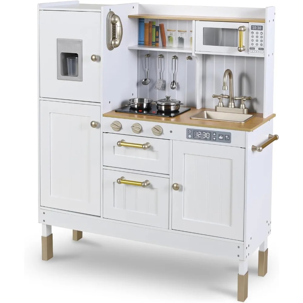 Play Kitchen for Kids, Pretend Preschool Kitchen Sets, Wooden Cooking Playset w/Realistic Light & Sound, Telephone, stove,Fridge