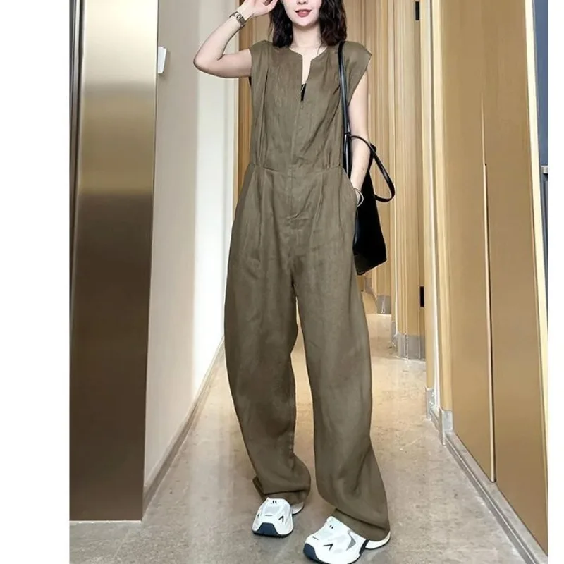 Korean Minimalist Sleeveless Zipper Design Thin Women Summer 2024 Casual Commute Versatile Loose Solid Color High Waist Jumpsuit