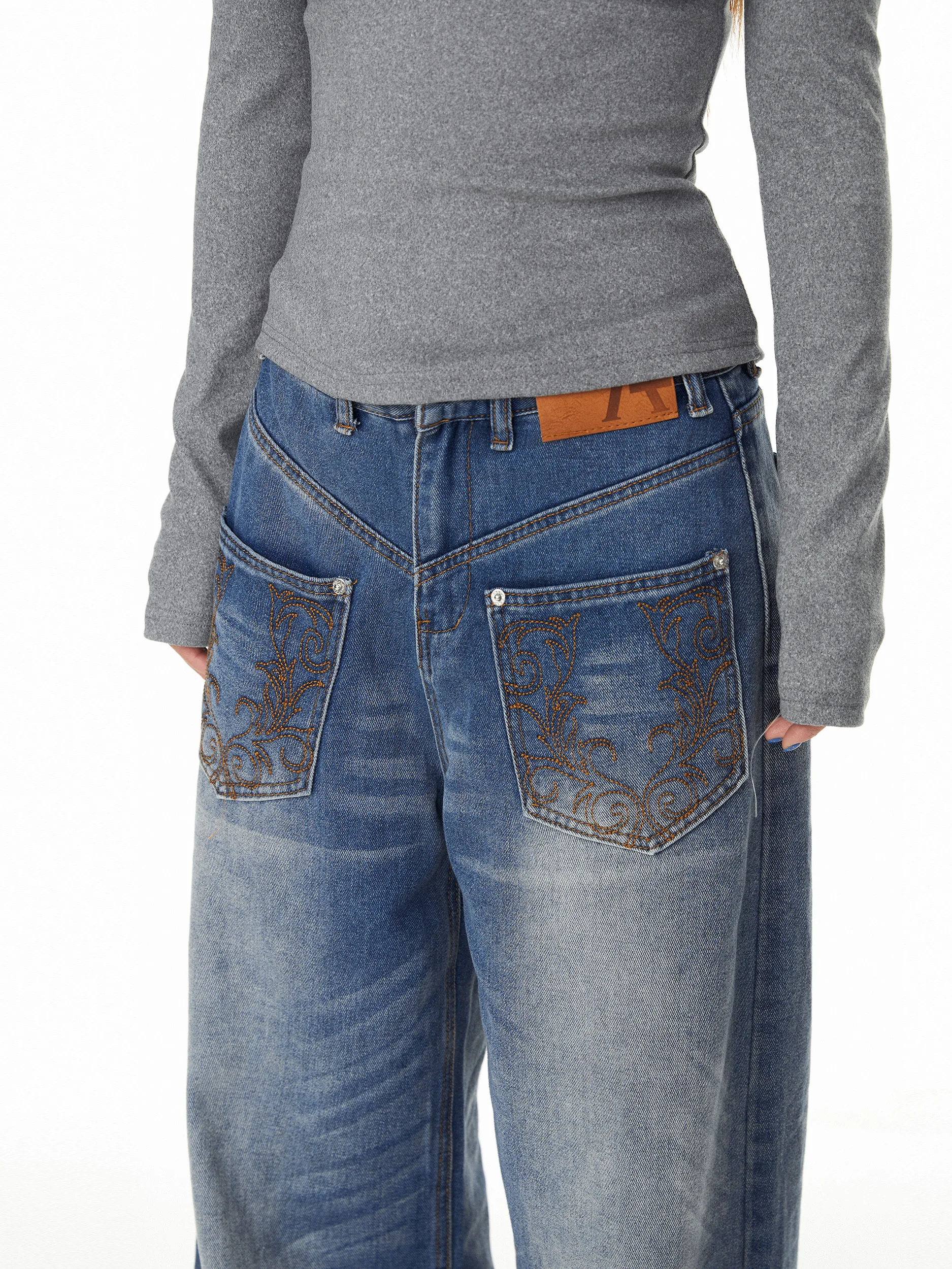 Blackbb Embroidered Deconstructed Washed Jeans Women's American Hot Girl Design Loose Slimming Floor-Length Pants