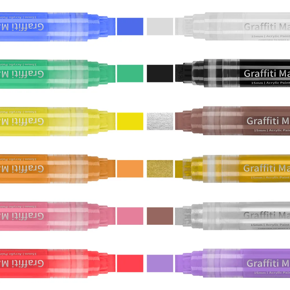 Professional Acrylic Paint Markers Set 15mm Flat Nib Water Based Pens For Artistic Design Illustration Craft Drawing