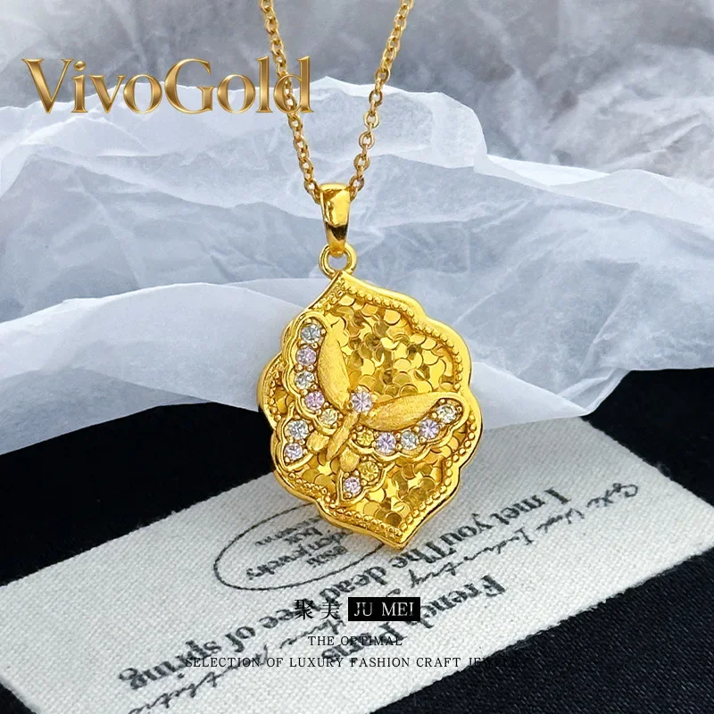 VivoGoldItaly 9999 24K Real Gold Brushed Ice Blurred Butterfly Pendant Fashion Commuter Simple Light Luxury Exquisite Versatile