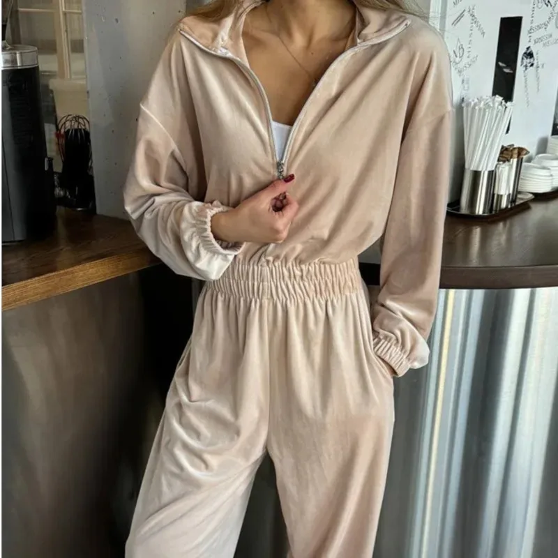 

Элегантный женский комбинезон на молнии, модный осенний комбинезон с длинными рукавами и половиной молнии, с эластичной резинкой на талии, уютный крой для уличной одежды, офисного наряда