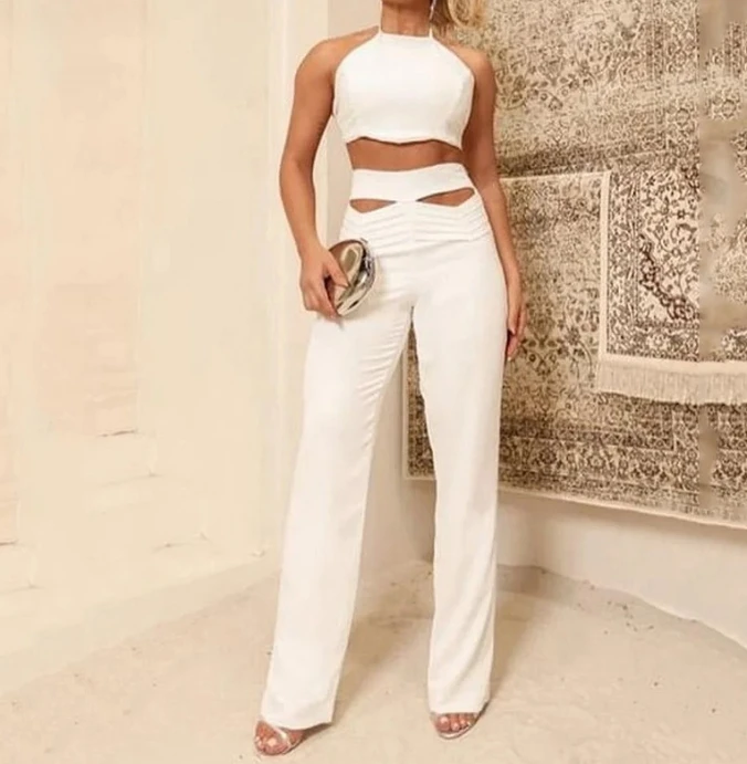 Women Commuter Suit 2024 Summer Latest Solid Color Irregular Strap Short Top+Special Design Hollow Wide Leg Pants Two Piece Set