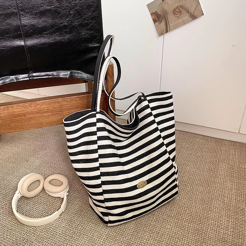 Black Red Striped Canvas Shoulder Bag Handbag Korean Style Travel Beach Bag Double-sided Shopping Tote Bags Girl Underarm Bag