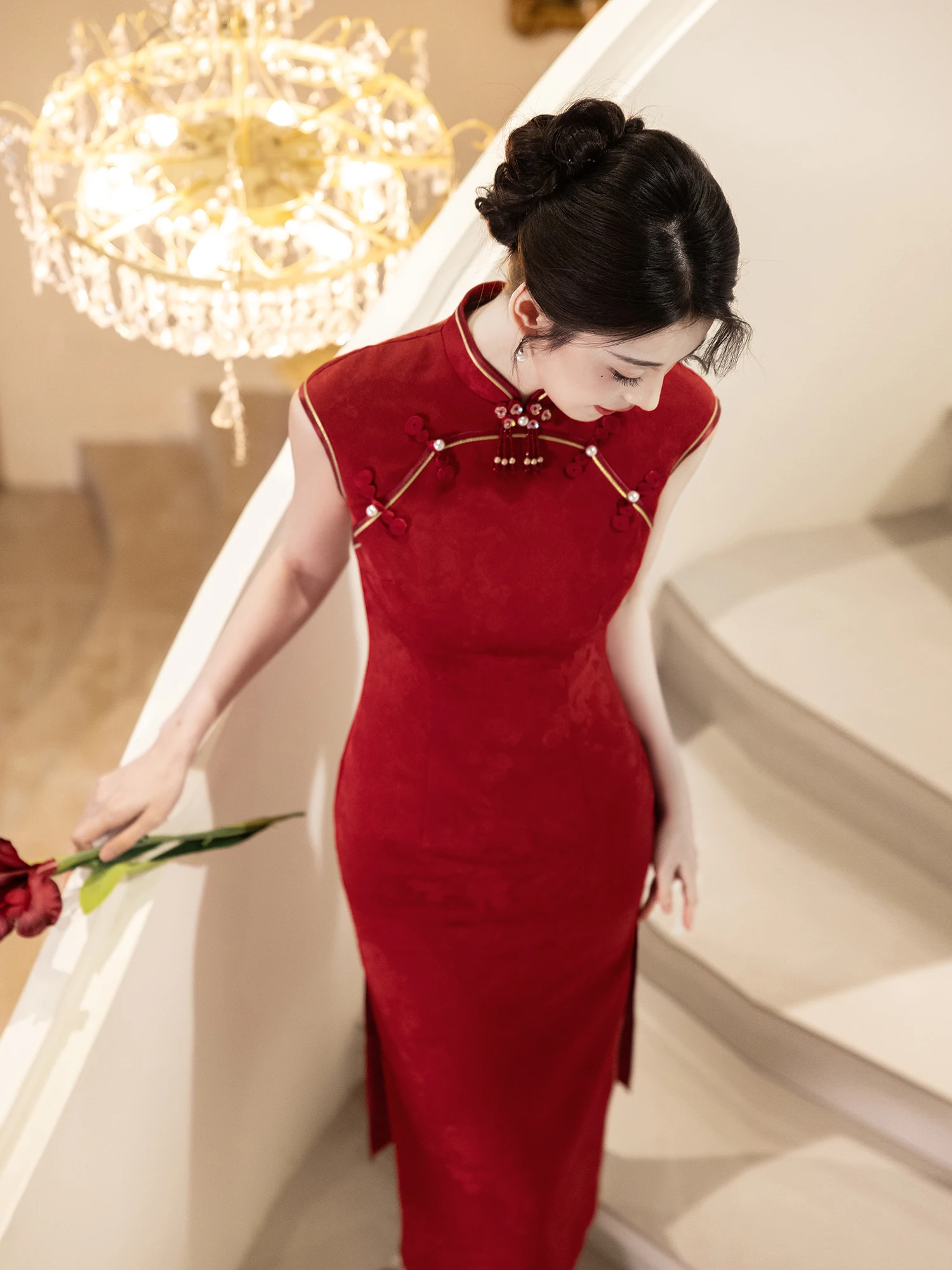 

Red Svel Wedding Dr Women's High-End Sensation Dr for Toasts And Ceremonies Mid-Length Vintage Sle