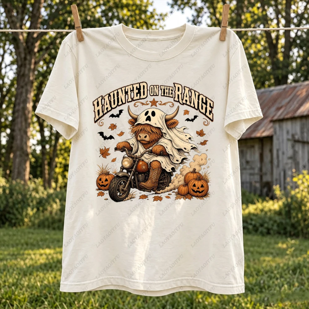 Haunted On The Range Highland Cow Graphic Women Casual Short Sleeve Cotton T-Shirt Halloween Biker Cowboy Western Ghost Tee
