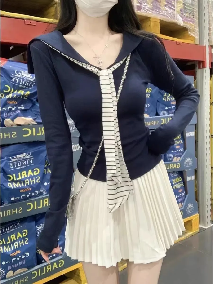 한국 대학 스타일 네이비 칼라 롱 슬리브 티셔츠 여성용 가을 겨울 신상 슬리브 페이크 투피스 숄더 랩 슬림 핏 탑