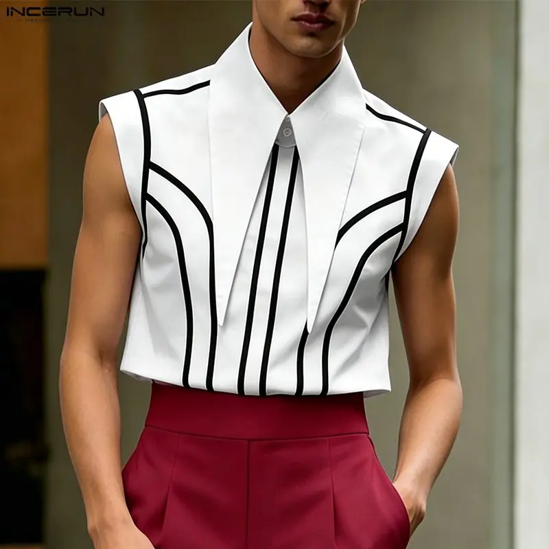 INCERUN Men's Shirt Print Patchwork Lapel Sleeveless Casual Menswear Clothing Streetwear Summer 2026 Fashion Crop Tops Camisas
