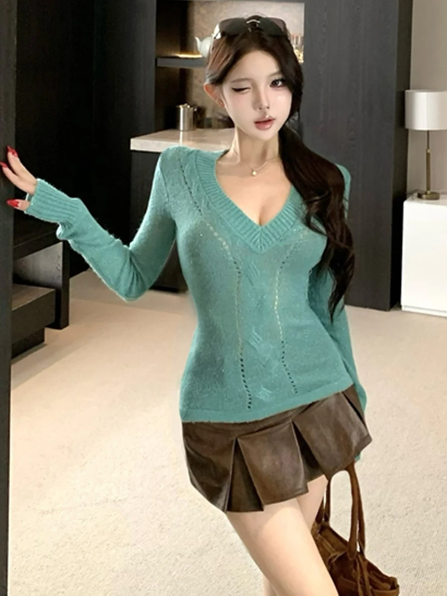 Slim Fit Knitted Sweater V Neck Transparent Long Sleeve Sexy Style Short Skirt Set for Women Casual Wear Autumn Spring Season