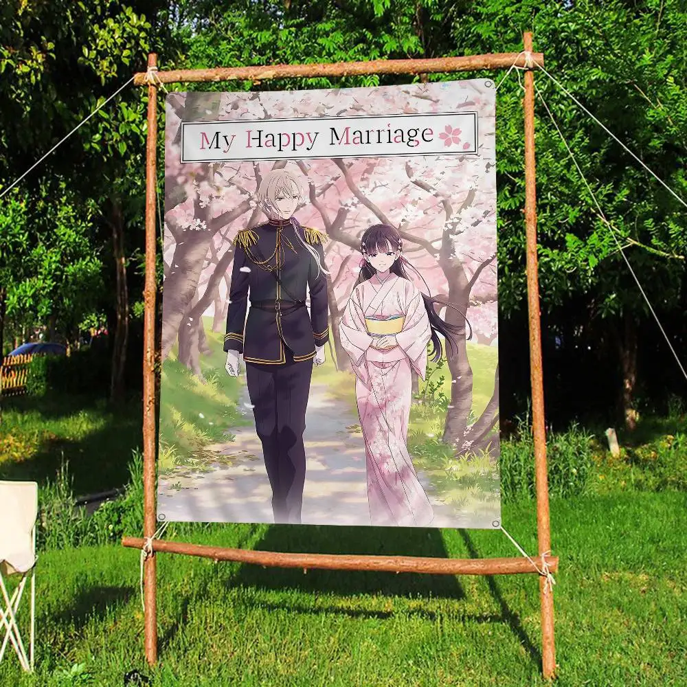 Anime M-My Happy Marriage Creative Pattern Hanging Flag Polyester Printed Banner Hand Pulled Flag