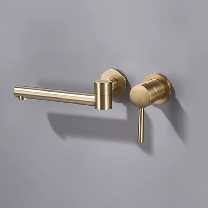 Brass Wall-Mounted Basin Faucet Sink Saucet Brushed Gold Bathroom Single Handle Hot And Cold Water Embedded Swivel Faucet