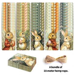 50pc WhimsyCraft Vintage Rabbit Design Paper Tag Cards with Hemp Rope,Pre-Punched Easter Bunny Gift Tags for Easter Party Favors