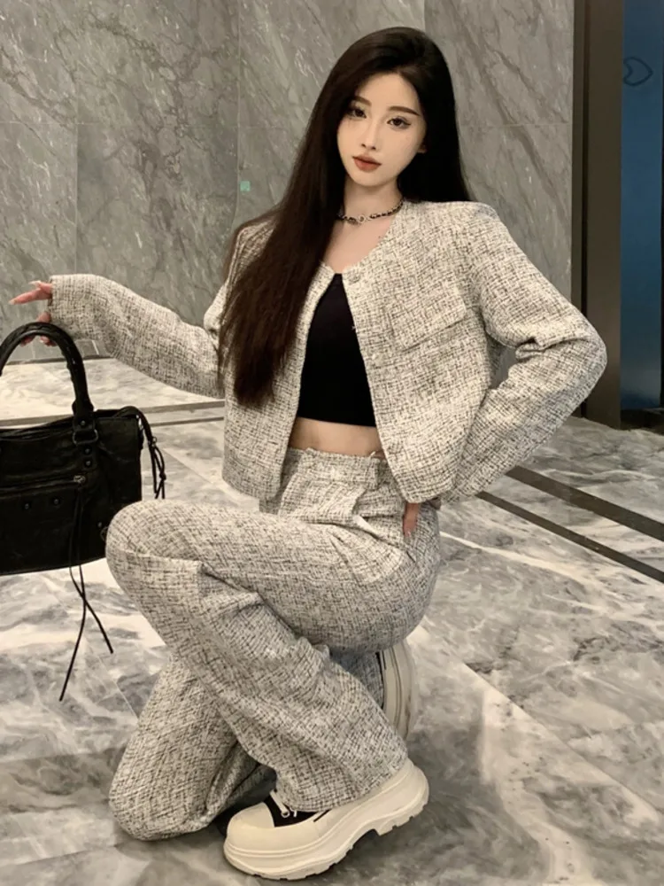 High Quality Autumn Winter Small Fragrant Two Piece Set For Women Jacket Coat + Wide Leg Pant Sets Fashion Casual 2 Piece Outfit