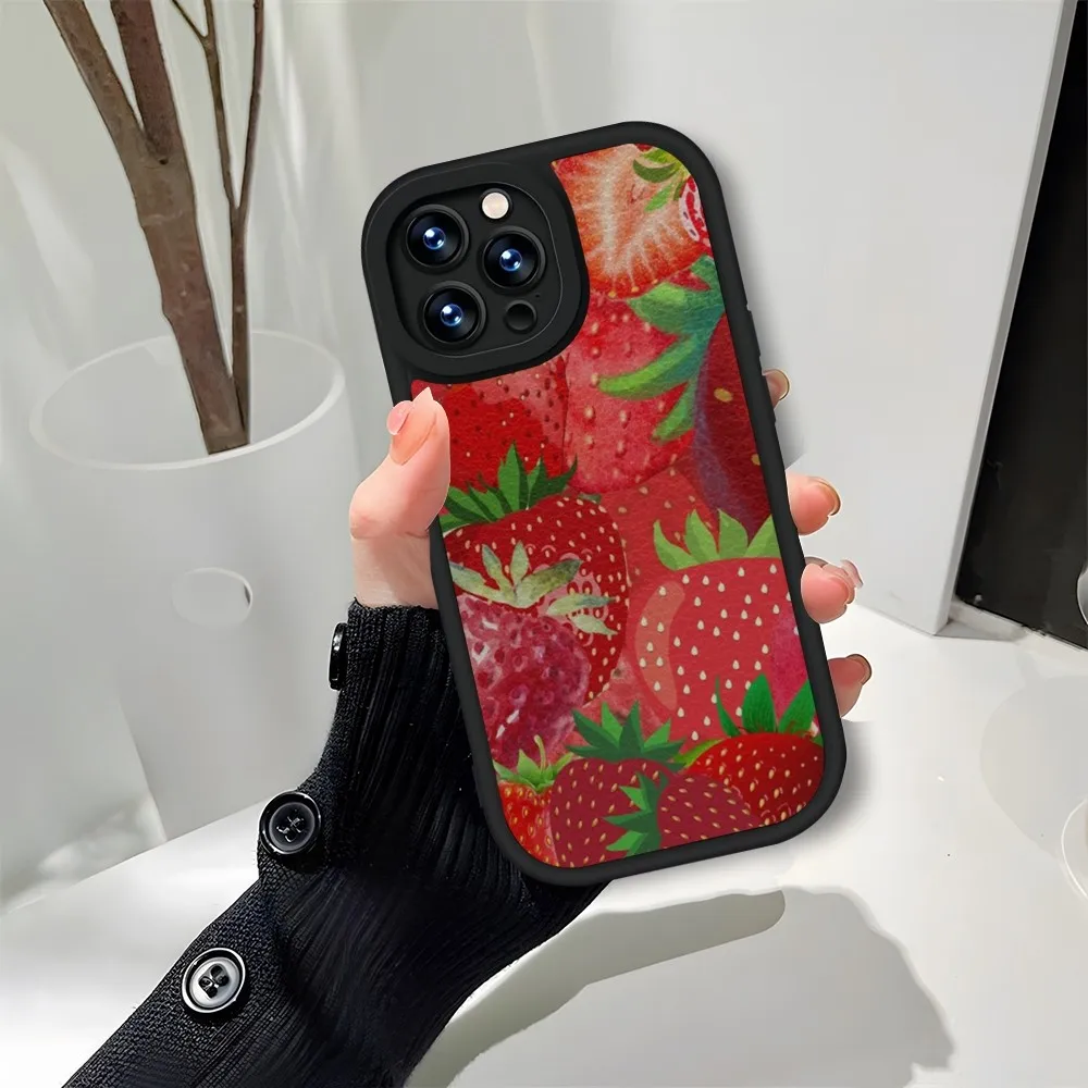 Strawberry Fruit Phone Case Black For IPhone 11 14 13 12 Pro Max Mini Xs X Xr 7 8 Plus SE2020 Leather Silicone Soft Coque