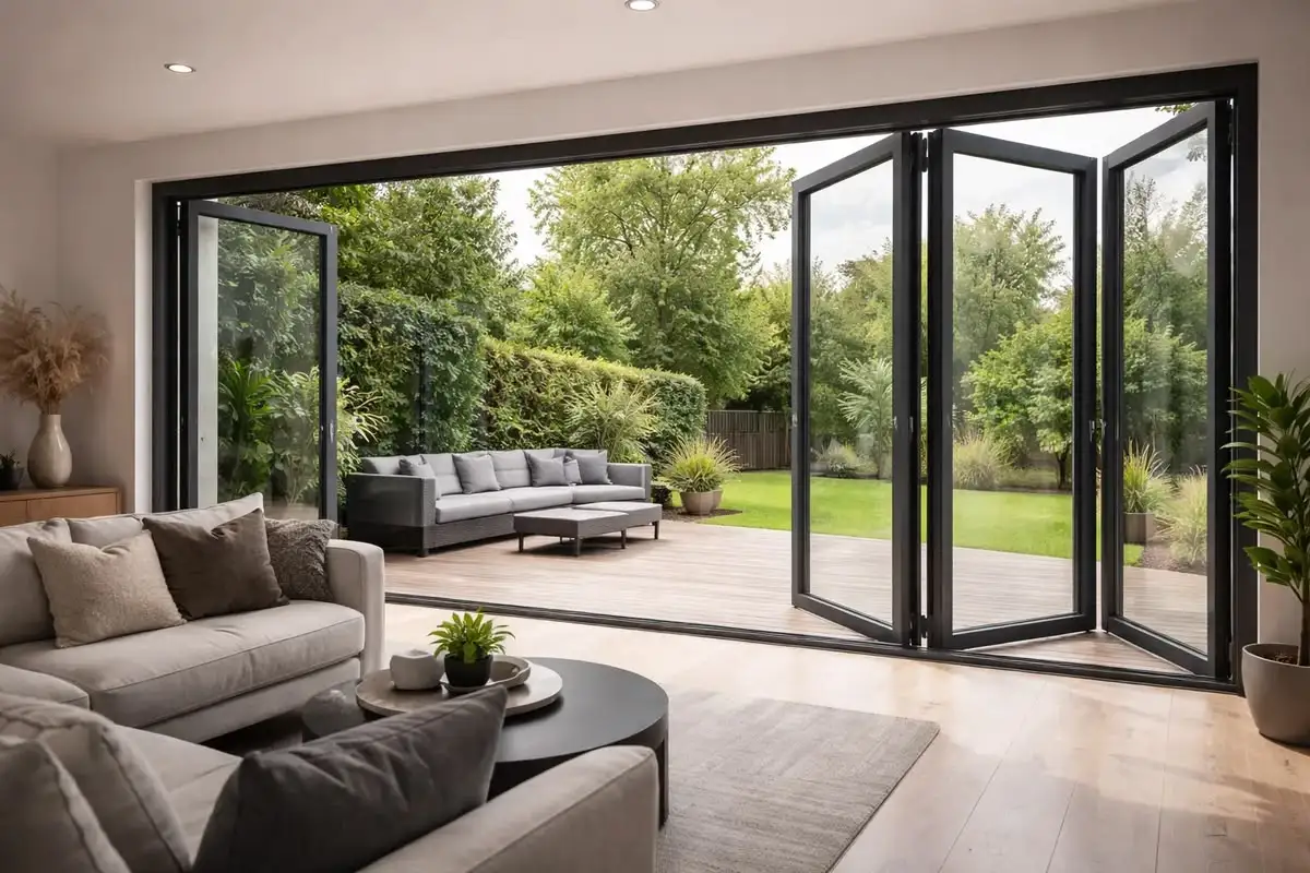 Puerta Plegable de Aluminio con Rotura de Puente Térmico, Puertas Panorámicas Bi-Plegables Tipo Acordeón para Patio Trasero de Casa, Puerta para Villa, Puertas Bi-Plegables de Lujo