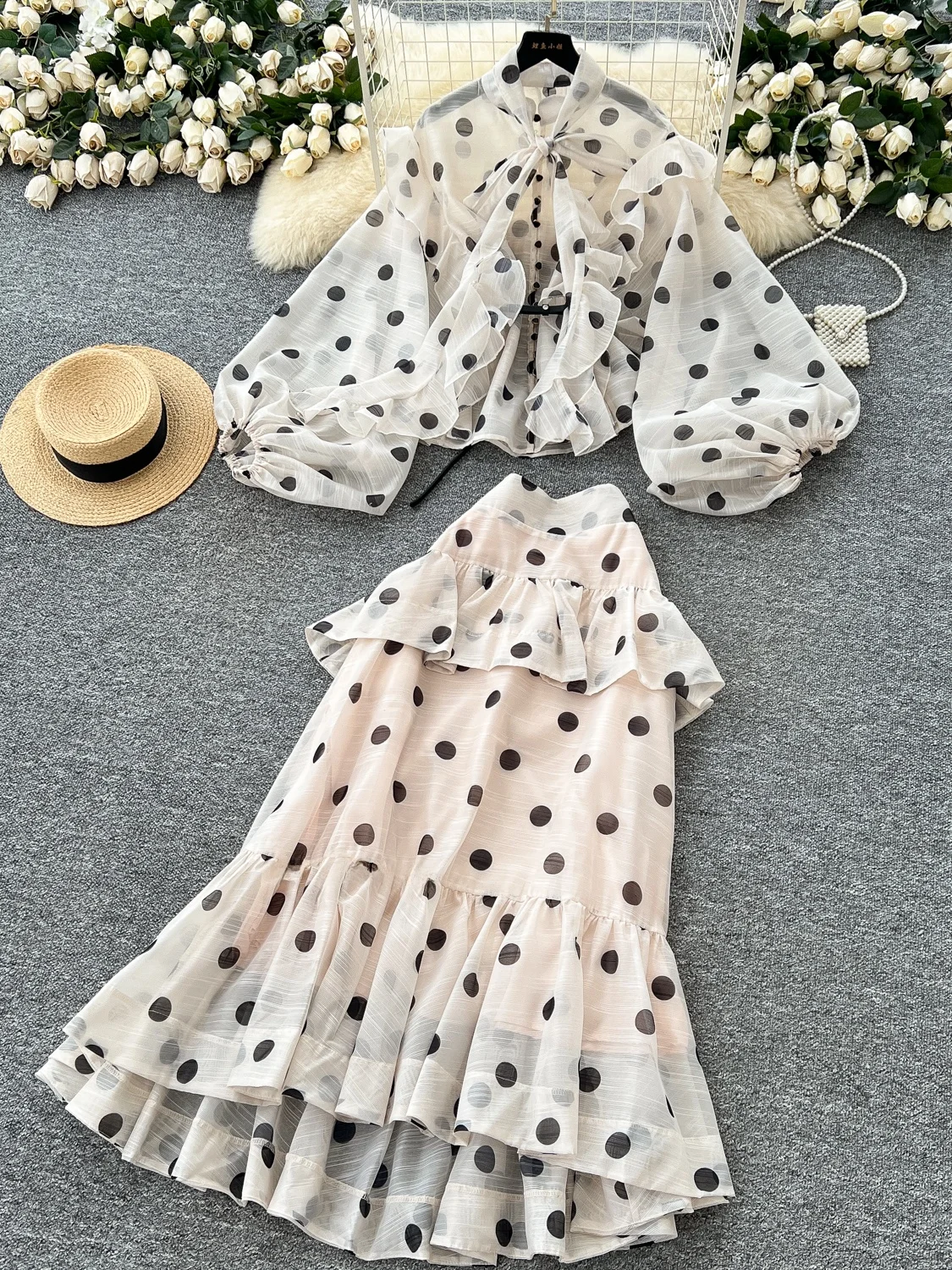 

Women's High Waist Polka Dot irt And Fi Tail f Skirt Set with Lantern Sve And Bow Tie Waist Faionable Summer Outfit