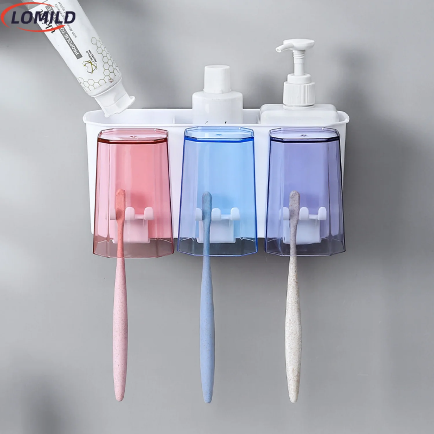 Wall Mount Toothbrush Holder Set - 2pcs Non-Perforated Plastic Toothbrush Cup and Mouthwash Cup, Toothbrush  Box, Easy Installat