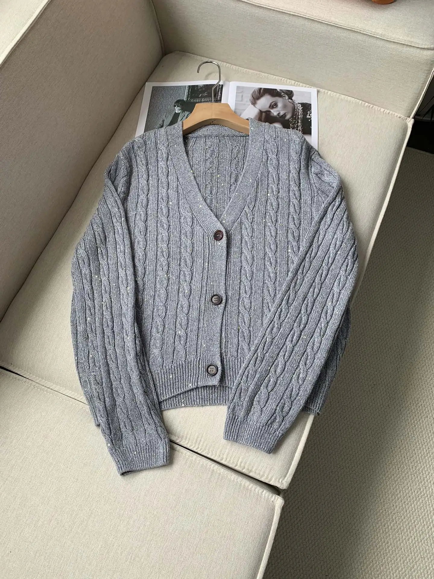 Autumn 2024 Linen Cardigan Hollow Out Long Sleeve Knitting Top For Female Woman\'s Clothing