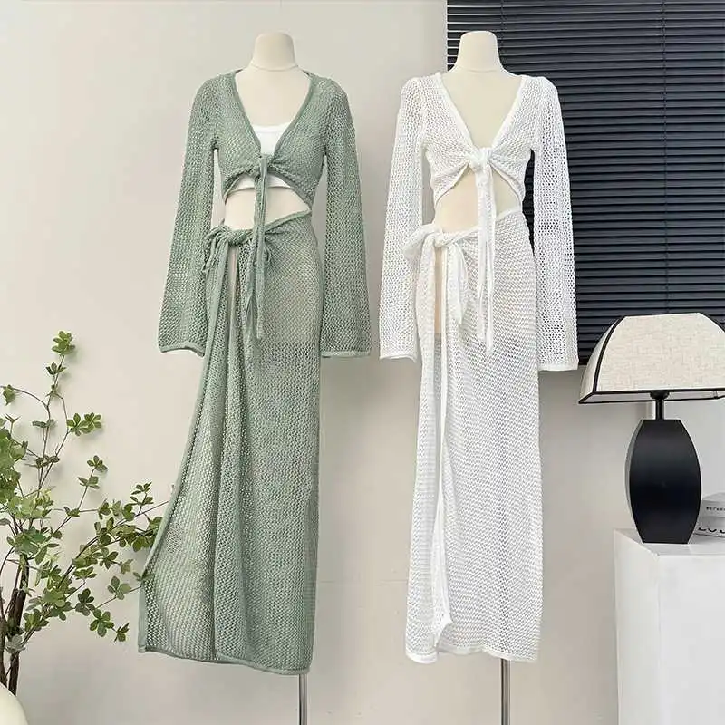 

2025 Trendy Dress Sets for Women - Beach Vacation Style, Crochet Knit, Sun Protection Cardigan and High Waist Skirt