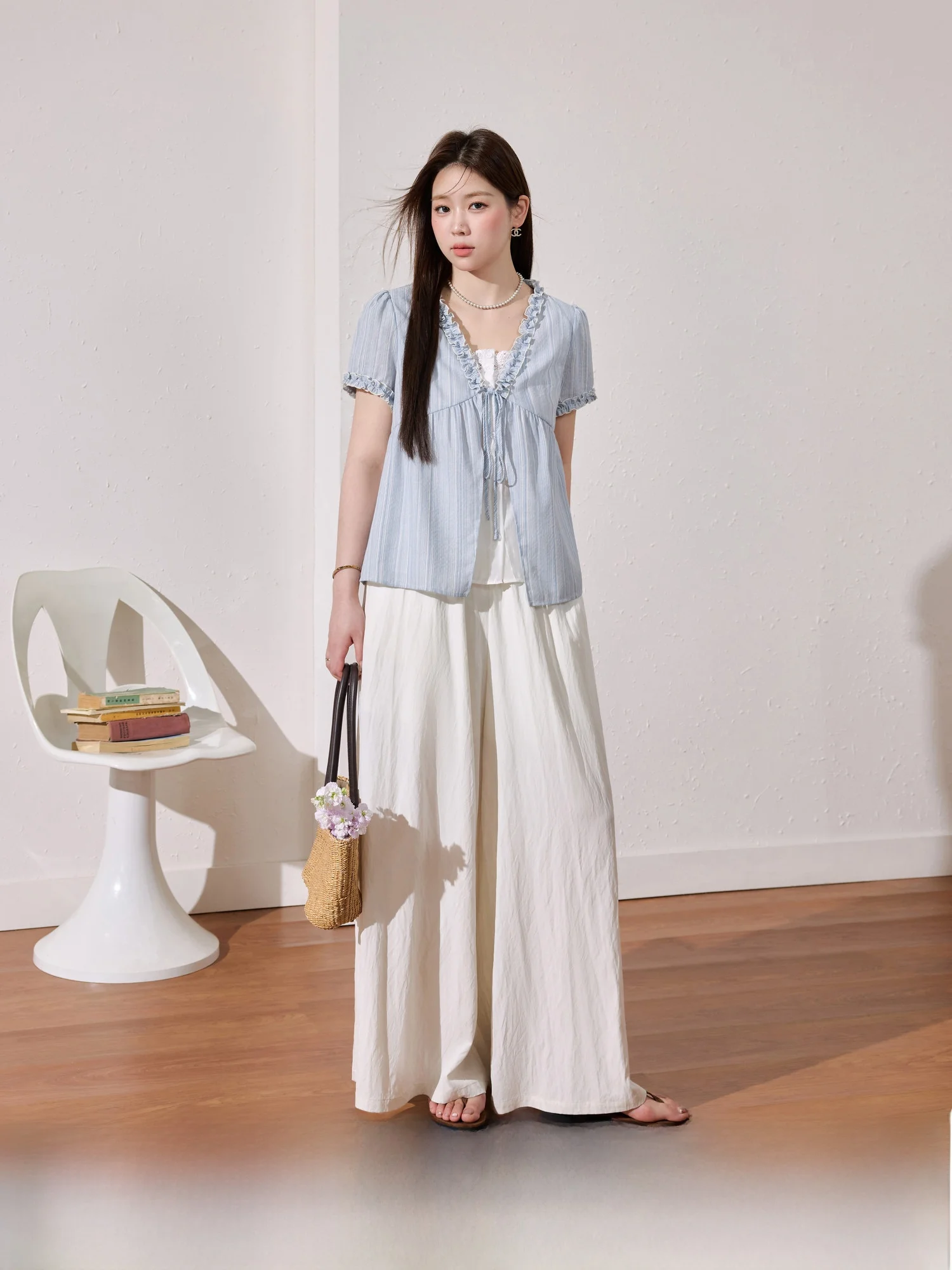 

Sweet Blue Language Large Size Women's Ry Summer New Drop Waist Slimming Skirt Pants Set Commute Sle Bubble Sve V-ne