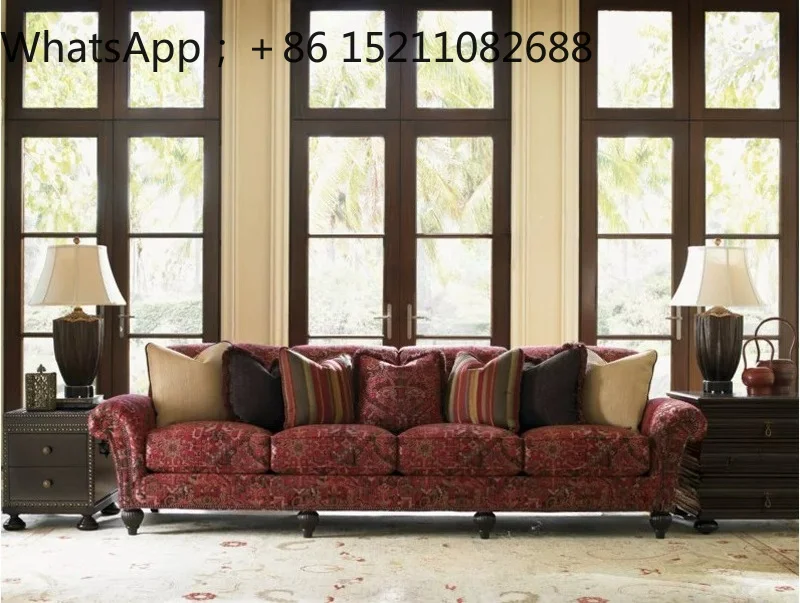 SCY high-end solid wood living room sofa furniture carved backrest rattan fabric three-person sofa retro set