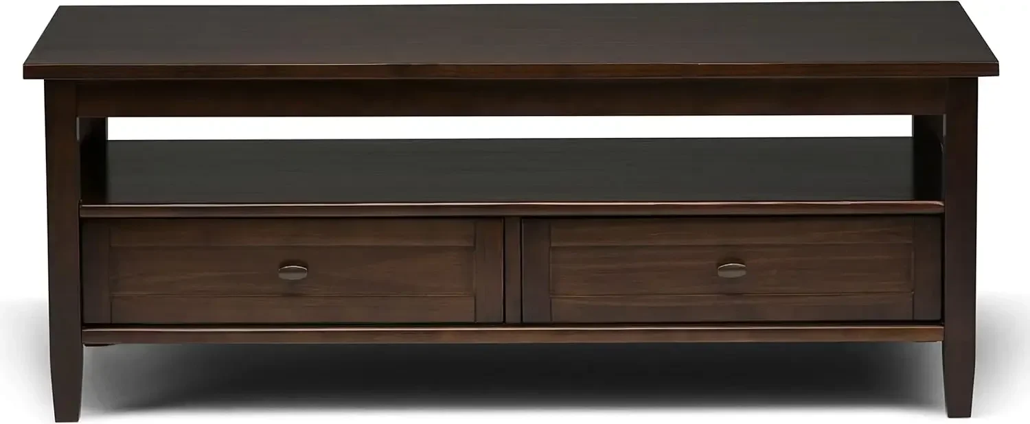 Warm Shaker Madeira Sólida Mesa de centro rústica retangular de 48 polegadas de largura em marrom tabaco, para sala de estar e quarto familiar