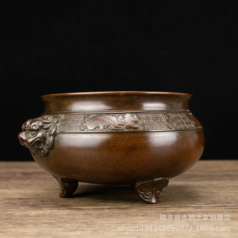 Pure Antique Double Lion Ear Copper Incense Aromatherapy Burner Ornament Office Living Room Shop Desktop Decoratio