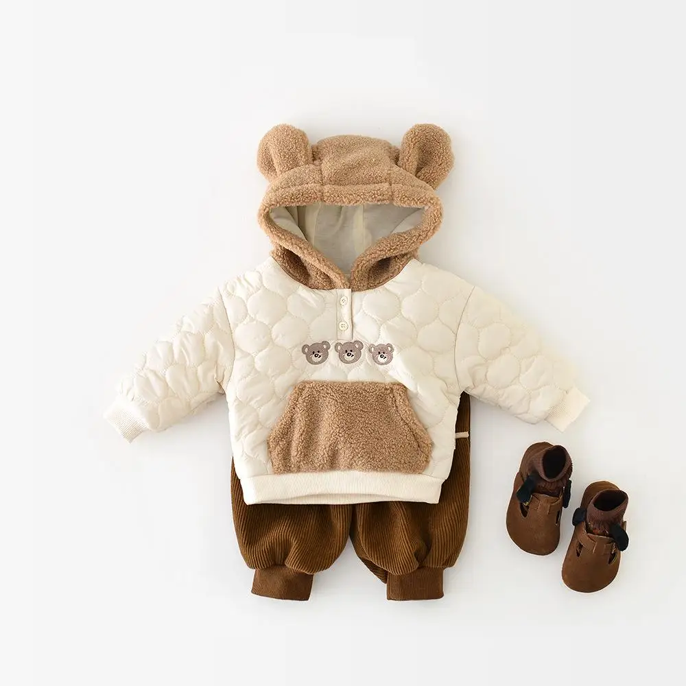 

2025 Winter New Baby Boy Girl Cute Bear Hooded Sweatshirt Plus Velvet Thick Infant Versatile Tops Toddler Warm Padded Jacket