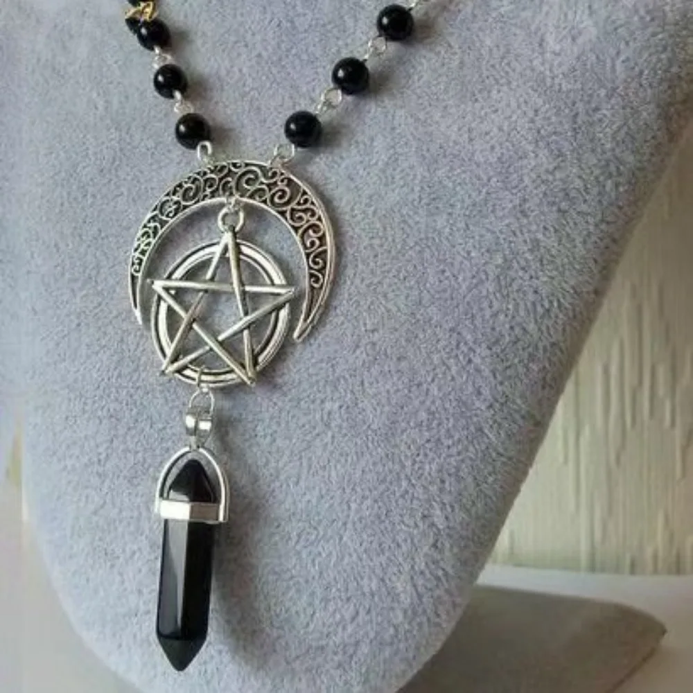 Neo-gothic Hollowed-out Pattern Crescent Moon Central Pentagram Crystal Column Pendant Bead Chain Necklace for Woman Men Jewelry