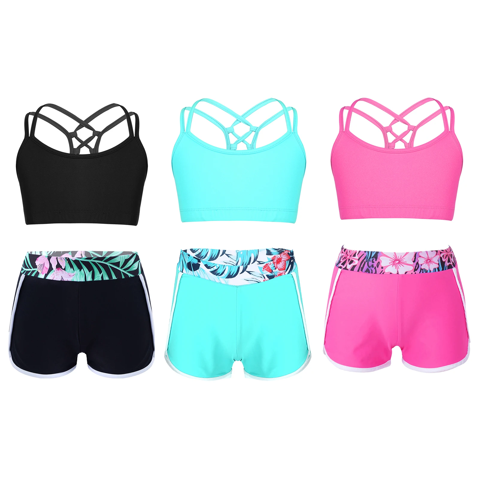 2Pcs Kids Girls Swimwear Swimsuit Sleeveless Strappy Back Crop Tops+Shorts Set Children Summer Beach Pool Swimming Bathing Suits