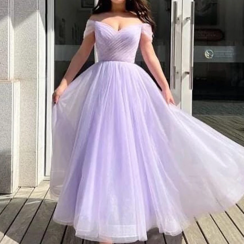 

Customized Classic Off the Shoulder Short Sleeves Organza Evening Dress Graceful Zipper Back Pleats Purple Vestido De Noche