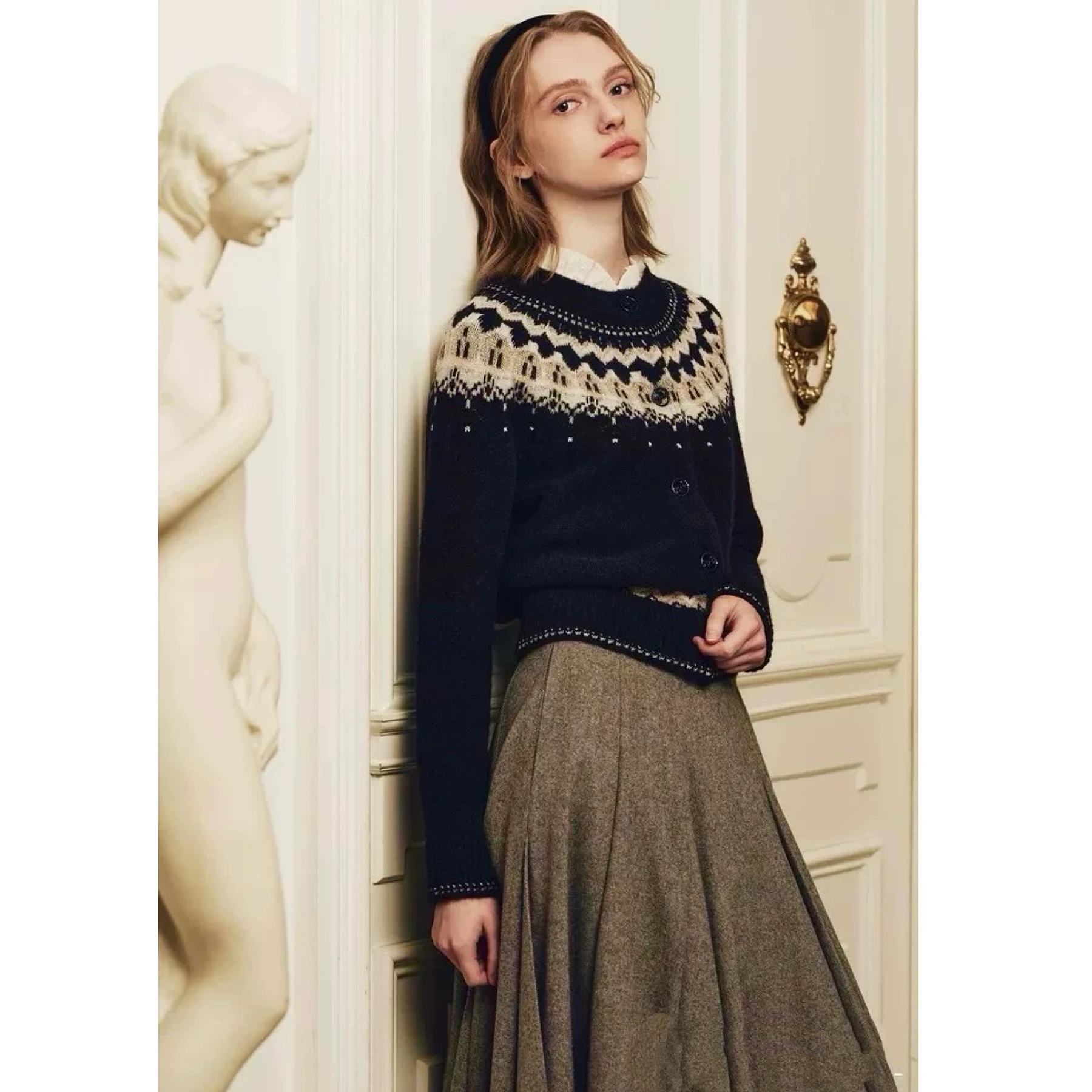 

Lemon Cheese MIN25 Winter Faion Color Blo Geometric Pattern Knitted Cardigan Women's Loose Fit Long Sve round Ne Coat