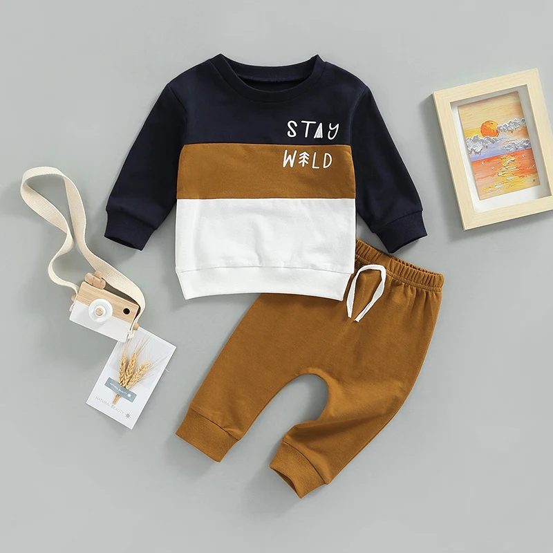 Infant Baby Boys Fall Clothes Outfits Casual Tracksuits Long Sleeve O Neck Patchwork Sweatshirts Drawstring Pants Boy Sets 0-24M