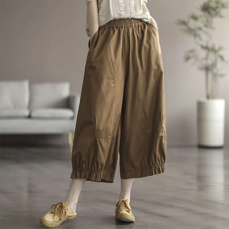 

Fashion Shirring Wide Leg Pants Women's Clothing Loose Casual Solid Color Summer High Waist Elastic Pockets Spliced Capri Pants