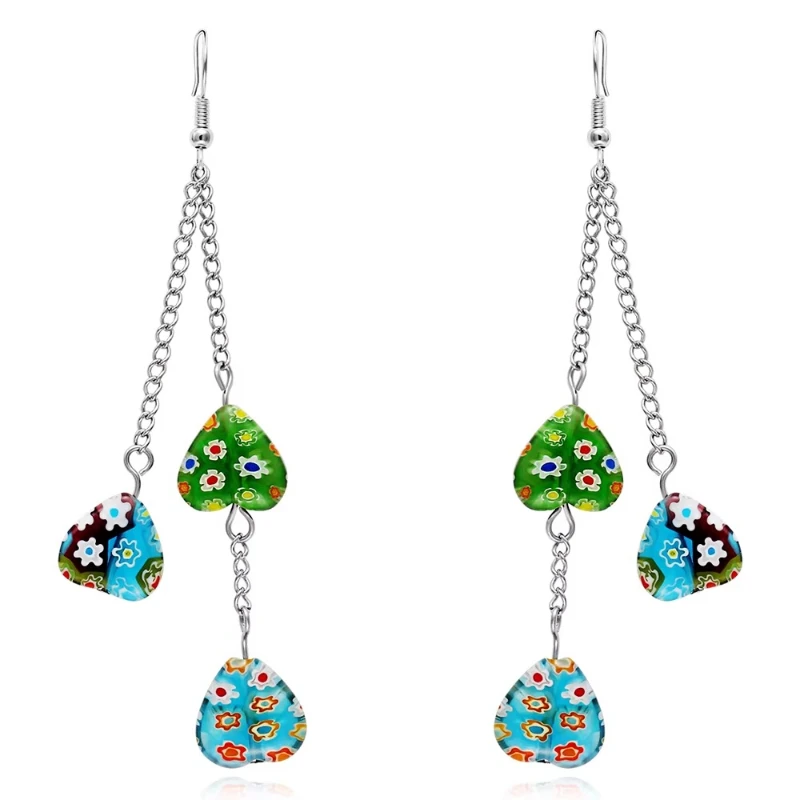 Stainless steel chain thousand flowers glazed heart-shaped long tassel earrings European and American boutique earrings