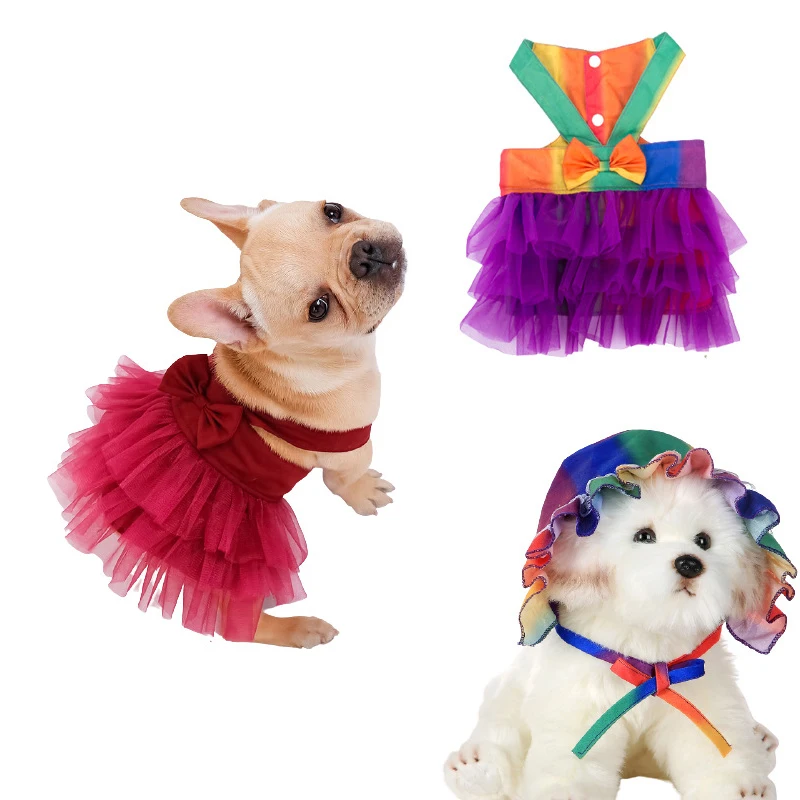 

Tutu Skirt York Dog Clothes Party Overalls Layered Veils Solid Color Pet Summer Dresses Bow Tie Female Vest Clothing for Cats