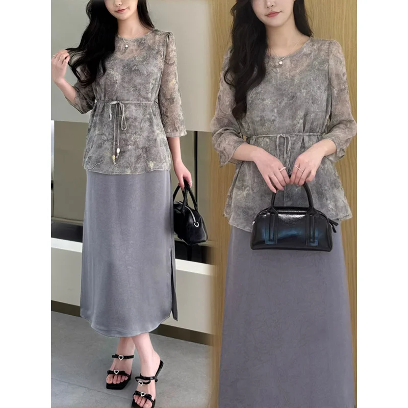 

Light Luxury Printed Set Summer Sun Protection Blouse Top Elegant Age-Reducing Chiffon Strap Dress Two-Piece Set