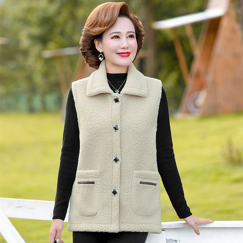 

Women Grain Fleece Waistcoat Vest Women Thick Jacket Loose Warm Mother Casual Vest New Autumn Winter Sleeveless Waistcoat Female